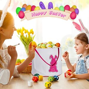 SANRUIHE Easter Basket Bunny Bags, Easter Egg Hunt Basket for Kids, Canvas Tote Candy Gifts Bags for Boys and Girls, Printed Fluffy Paillette Rabbit Bucket for Easter Decorations