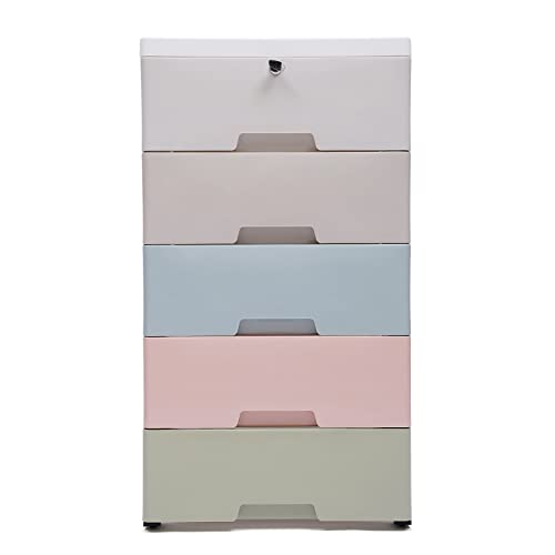 OUKANING 5 Drawers Dresser Storage Cabinet, Plastic Macaron Stackable Vertical Clothes Storage Tower for Neatly Storing Books, Office Supplies, Snacks, Household Items