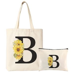 derte personalized initial canvas tote bag floral letter makeup bag monogrammed gift beach tote bags for women bridesmaids birthday wedding bridal shower (letter b)