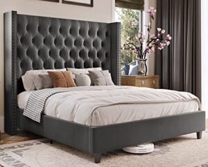 jocisland king bed frame wingback headboard upholstered bed velvet tufted deep button/no box spring needed/easy assembly/dark gray