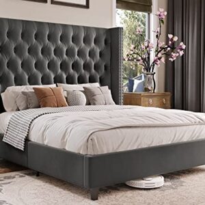 Jocisland King Bed Frame Wingback Headboard Upholstered Bed Velvet Tufted Deep Button/No Box Spring Needed/Easy Assembly/Dark Gray