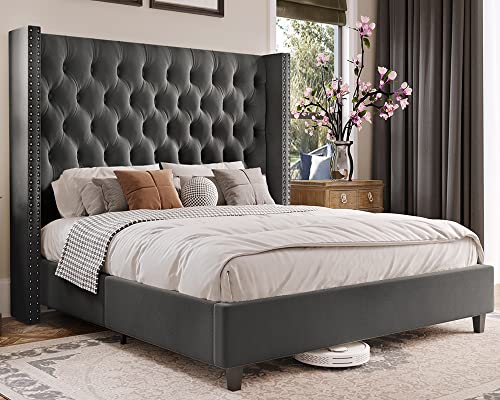 Jocisland King Bed Frame Wingback Headboard Upholstered Bed Velvet Tufted Deep Button/No Box Spring Needed/Easy Assembly/Dark Gray