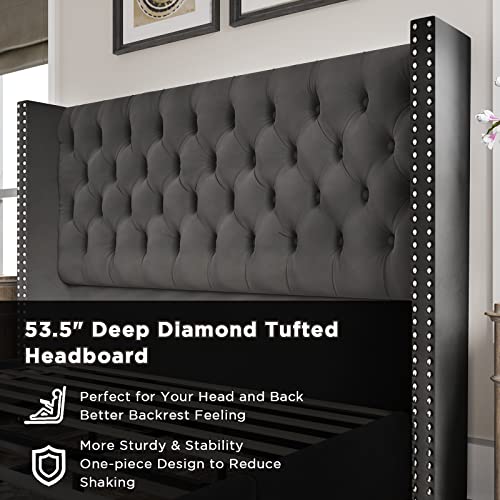 Jocisland King Bed Frame Wingback Headboard Upholstered Bed Velvet Tufted Deep Button/No Box Spring Needed/Easy Assembly/Dark Gray