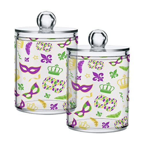 Kigai 4PCS Mardi Gras Qtip Holder Dispenser with Lids - 14 oz Bathroom Storage Organizer Set, Clear Apothecary Jars Food Storage Containers, for Tea, Coffee, Cotton Ball, Floss