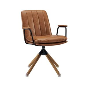 volans home office desk chair, oak wood legs, modern pu leather desk chair no wheels, executive swivel arm chair, mid back office chair, yellow brown