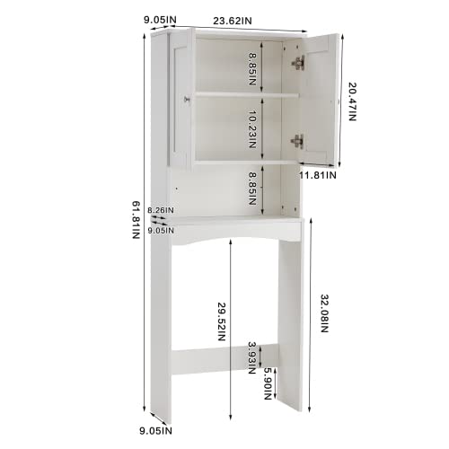 Over The Toilet Storage Cabinet with 2 Doors and Shelf, 3-Tier Space Saving Organizer Rack, Stable Freestanding Above Toilet Stand, Bathroom Cabinet for Bathroom, Restroom, Laundry, White