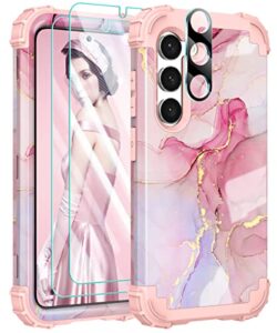 pixiu for samsung galaxy s23 plus case with 2pcs tempered screen protector&1 pcs len camara protector, heavy duty 3 layer (silicone+plastic) shockproof full-body protective sturdy hybrid marble case