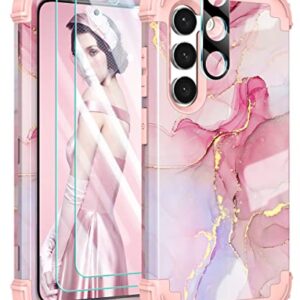 PIXIU for Samsung Galaxy s23 Plus case with 2PCS Tempered Screen Protector&1 pcs Len Camara Protector, Heavy Duty 3 Layer (Silicone+Plastic) Shockproof Full-Body Protective Sturdy Hybrid Marble Case