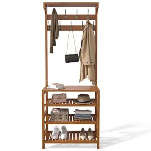 aktop entryway coat rack shoe storage - 4 in 1 hall tree storage shelf, 4-tier bamboo shoe rack with 9 double hooks and top shelf organizer, perfect for mudroom, hallway and bedroom, easy assembly