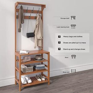 AKTOP Entryway Coat Rack Shoe Storage - 4 in 1 Hall Tree Storage Shelf, 4-Tier Bamboo Shoe Rack with 9 Double Hooks and Top Shelf Organizer, Perfect for Mudroom, Hallway and Bedroom, Easy Assembly