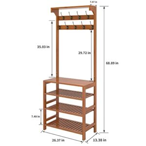 AKTOP Entryway Coat Rack Shoe Storage - 4 in 1 Hall Tree Storage Shelf, 4-Tier Bamboo Shoe Rack with 9 Double Hooks and Top Shelf Organizer, Perfect for Mudroom, Hallway and Bedroom, Easy Assembly