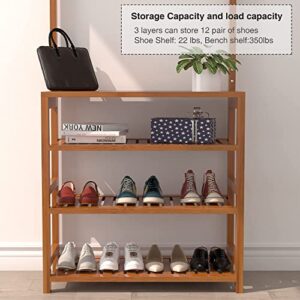 AKTOP Entryway Coat Rack Shoe Storage - 4 in 1 Hall Tree Storage Shelf, 4-Tier Bamboo Shoe Rack with 9 Double Hooks and Top Shelf Organizer, Perfect for Mudroom, Hallway and Bedroom, Easy Assembly