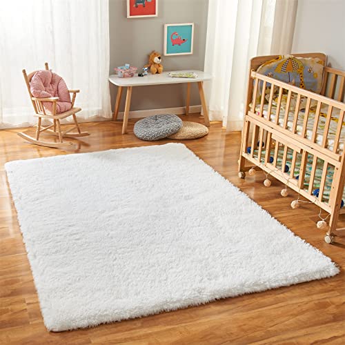 YQQRIGRO 8x10 Feet Rugs for Bedroom, White Super Soft Shaggy Rugs Fluffy Carpets, Indoor Modern Plush Area Rugs for Living Room Dorm Kids Room, Fuzzy Non-Slip Rugs for Kids Boys Girls