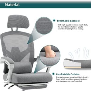 Sweetcrispy Ergonomic Lumbar Pillow and Retractable Footrest, Swivel Rolling Padded Armrests Headrest Height Adjustable Home Office, High Back Reclining Mesh Chair, Light Grey