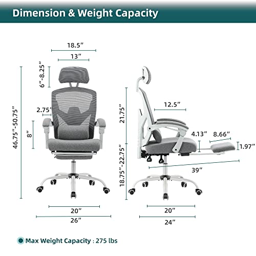 Sweetcrispy Ergonomic Lumbar Pillow and Retractable Footrest, Swivel Rolling Padded Armrests Headrest Height Adjustable Home Office, High Back Reclining Mesh Chair, Light Grey