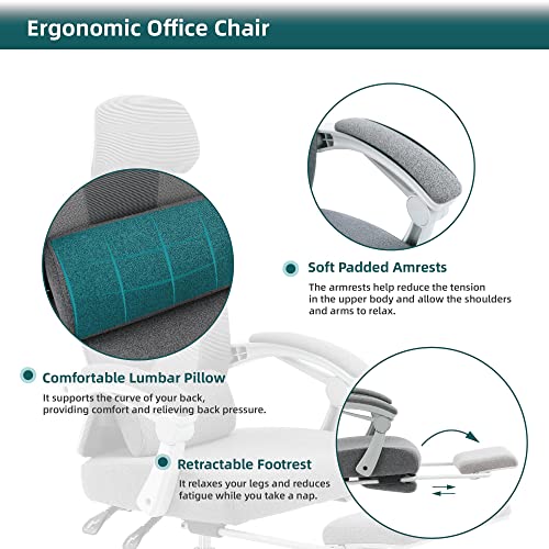 Sweetcrispy Ergonomic Lumbar Pillow and Retractable Footrest, Swivel Rolling Padded Armrests Headrest Height Adjustable Home Office, High Back Reclining Mesh Chair, Light Grey