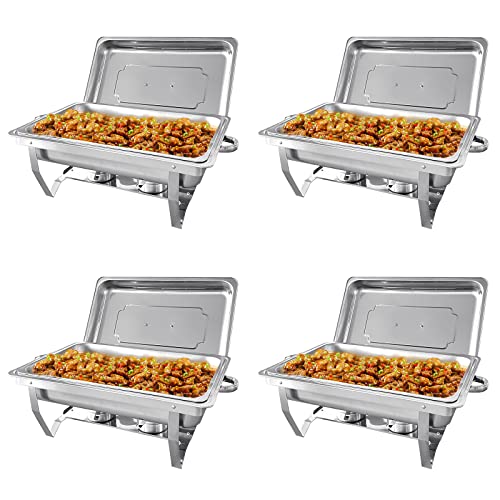 PRIJESSE 4 Pack 8QT Chafing Dish Buffet Set Stainless Steel Food Warmer Chafer Complete Set with Water Pan, Chafing Fuel Holder for Party Catering,Silver