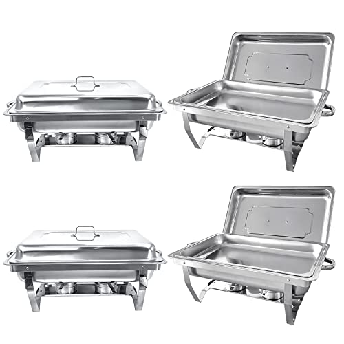 PRIJESSE 4 Pack 8QT Chafing Dish Buffet Set Stainless Steel Food Warmer Chafer Complete Set with Water Pan, Chafing Fuel Holder for Party Catering,Silver