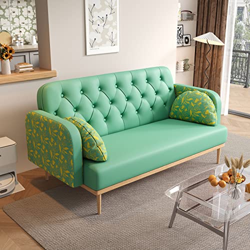 LEVNARY 56-inch Loveseat Small Couch, Modern Technology Cloth Sofa with Upholstered Back, Accent Comfy Tufted Couch with Throw Pillows and Solid Wood Legs for Compact Space Apartment (Green)