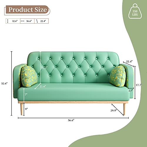 LEVNARY 56-inch Loveseat Small Couch, Modern Technology Cloth Sofa with Upholstered Back, Accent Comfy Tufted Couch with Throw Pillows and Solid Wood Legs for Compact Space Apartment (Green)