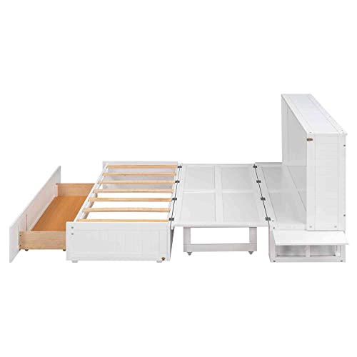 Cotoala Queen Size Mobile Murphy Bed with Storage Drawer, Wood Bedframe w/Little Shelves on Each Side, Can Convert to Cabinet for Guest Room Home Office