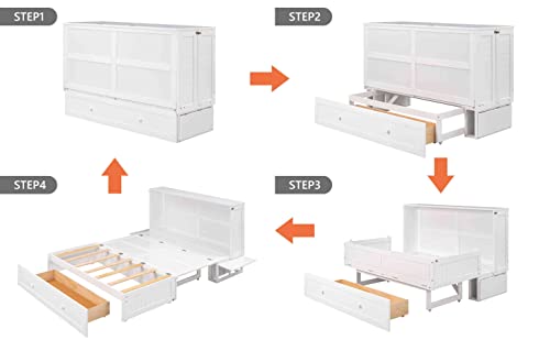 Cotoala Queen Size Mobile Murphy Bed with Storage Drawer, Wood Bedframe w/Little Shelves on Each Side, Can Convert to Cabinet for Guest Room Home Office