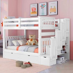 harper & bright designs full over full bunk beds with storage drawers and stairway, wood bunk bed frame, convertible bunk bed for kids, teens, bedroom, guest room furniture (white)