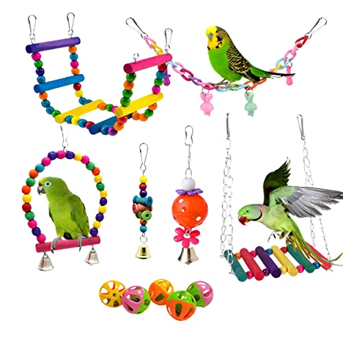 Holyfire Bird Toys 11PCS, Parakeet Toys Climbing Ladder Bird Swing Hanging Chewing Colorful Toys for Budgie, Cockatiel, Conure, Cockatoo, Love Birds, Finches, Mynah