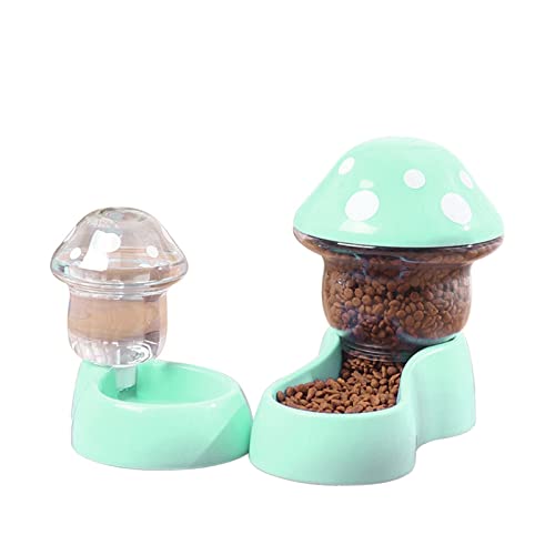 Worparsen Pets Auto Feeder, Automatic Dog Gravity Food Feeder, Cat Water Dispenser, Mushroom Shape Dog Cat Water Food Container, Pet Food Bowl for Small Medium Dog Pets Puppy Kitten Green