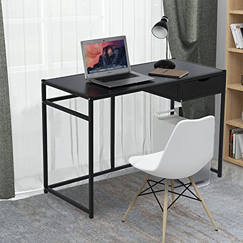 WJHWSX Modern Writing Desk, Laptop Computer Work Desk, Home Office Desk with Drawers, Wood Student Study Table Notebook Workstation, Farmhouse Small Space Cheap Black Desks for Bedrooms (Black)