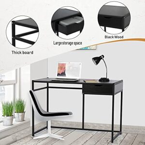 WJHWSX Modern Writing Desk, Laptop Computer Work Desk, Home Office Desk with Drawers, Wood Student Study Table Notebook Workstation, Farmhouse Small Space Cheap Black Desks for Bedrooms (Black)