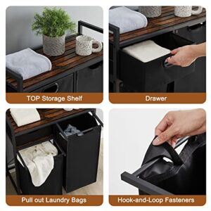 GNIXUU Double Laundry Hamper with Top Shelf and Storage Drawer, 2 Section Laundry Basket with 2 Removable Laundry Sorter Bags, Large Clothes Hamper for Laundry Room, Bathroom(Black and Brown)