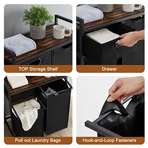 GNIXUU Double Laundry Hamper with Top Shelf and Storage Drawer, 2 Section Laundry Basket with 2 Removable Laundry Sorter Bags, Large Clothes Hamper for Laundry Room, Bathroom(Black and Brown)