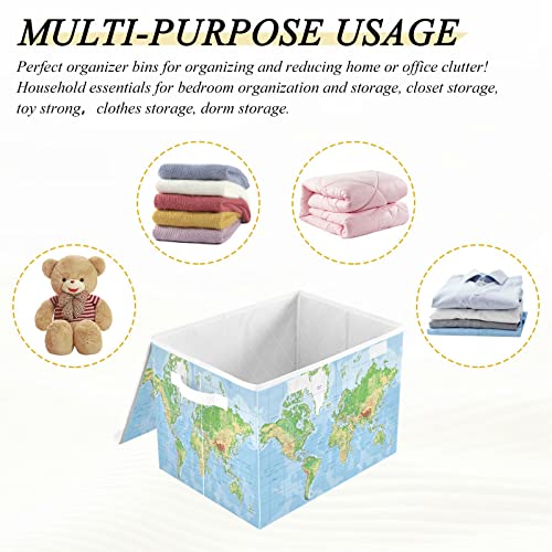 World Map Storage Basket 16.5x12.6x11.8 In Collapsible Fabric Storage Cubes Organizer Large Storage Bin with Lids and Handles for Shelves Bedroom Closet Office