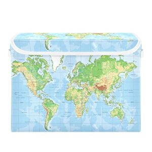 World Map Storage Basket 16.5x12.6x11.8 In Collapsible Fabric Storage Cubes Organizer Large Storage Bin with Lids and Handles for Shelves Bedroom Closet Office