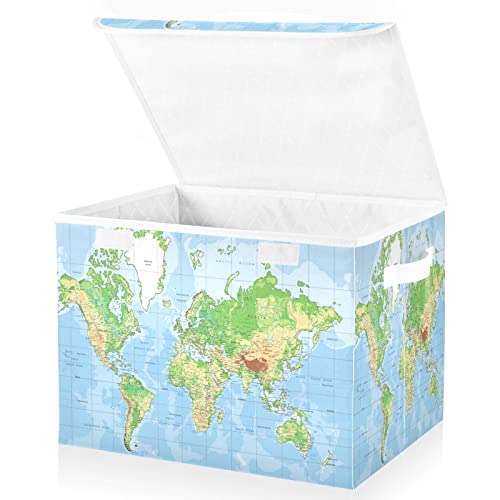 World Map Storage Basket 16.5x12.6x11.8 In Collapsible Fabric Storage Cubes Organizer Large Storage Bin with Lids and Handles for Shelves Bedroom Closet Office