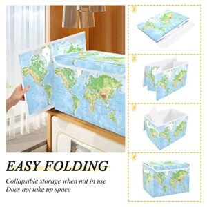 World Map Storage Basket 16.5x12.6x11.8 In Collapsible Fabric Storage Cubes Organizer Large Storage Bin with Lids and Handles for Shelves Bedroom Closet Office