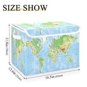 World Map Storage Basket 16.5x12.6x11.8 In Collapsible Fabric Storage Cubes Organizer Large Storage Bin with Lids and Handles for Shelves Bedroom Closet Office
