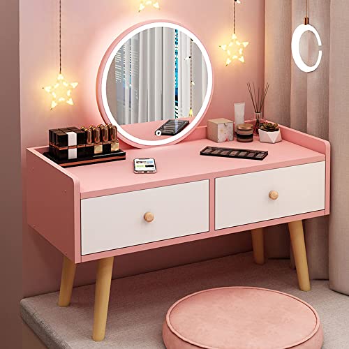 LITFAD Modern Makeup Vanity Standing Vanity Set with Drawer Bedroom Wood Dressing Table - Makeup Vanity & Mirror with LED Light Pink 24" L x 16" W x 24" H