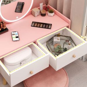 LITFAD Modern Makeup Vanity Standing Vanity Set with Drawer Bedroom Wood Dressing Table - Makeup Vanity & Mirror with LED Light Pink 24" L x 16" W x 24" H