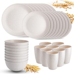 hanmfei wheat straw dinnerware sets for 8 (32pcs), plastic plates and bowls sets, unbreakable dinnerware, lightweight plastic plate set, dinner plates, dessert plate, cereal bowls, cups (white)
