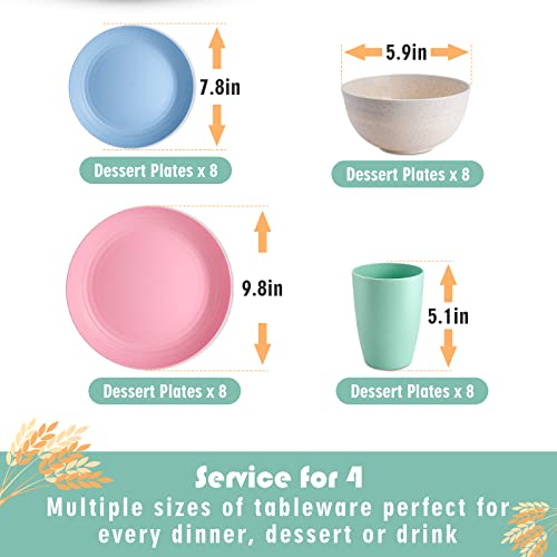 HANMFEI Wheat Straw Dinnerware Sets for 8 (32pcs), Plastic Plates and Bowls Sets, Unbreakable Dinnerware, Lightweight Plastic Plate Set, Dinner Plates, Dessert Plate, Cereal Bowls, Cups (White)