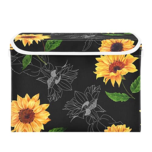 innewgogo Vintage Sunflower Black Storage Bins with Lids for Organizing Cube Cubby with Handles Oxford Cloth Storage Cube Box for Study Room