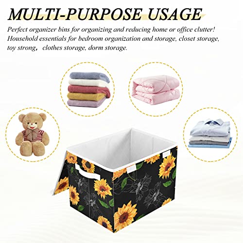 innewgogo Vintage Sunflower Black Storage Bins with Lids for Organizing Cube Cubby with Handles Oxford Cloth Storage Cube Box for Study Room