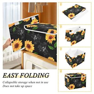 innewgogo Vintage Sunflower Black Storage Bins with Lids for Organizing Cube Cubby with Handles Oxford Cloth Storage Cube Box for Study Room