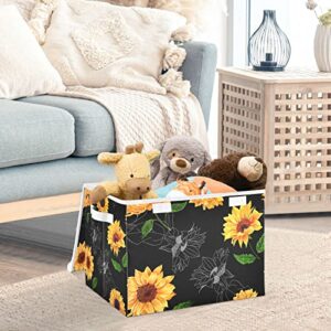 innewgogo Vintage Sunflower Black Storage Bins with Lids for Organizing Cube Cubby with Handles Oxford Cloth Storage Cube Box for Study Room