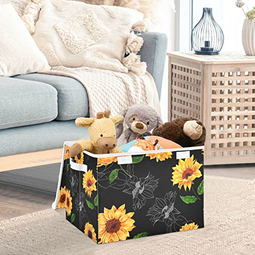 innewgogo Vintage Sunflower Black Storage Bins with Lids for Organizing Cube Cubby with Handles Oxford Cloth Storage Cube Box for Study Room