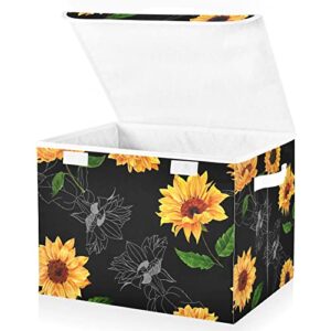 innewgogo Vintage Sunflower Black Storage Bins with Lids for Organizing Cube Cubby with Handles Oxford Cloth Storage Cube Box for Study Room