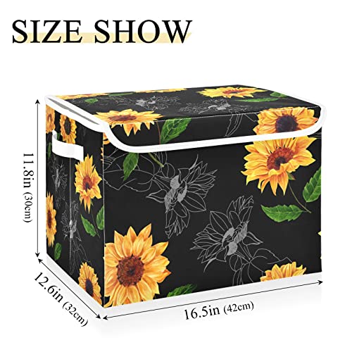 innewgogo Vintage Sunflower Black Storage Bins with Lids for Organizing Cube Cubby with Handles Oxford Cloth Storage Cube Box for Study Room