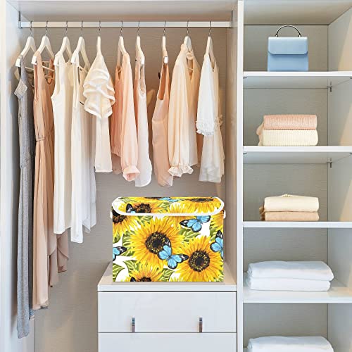 innewgogo Sunflowers Blue Butterflies Storage Bins with Lids for Organizing Large Collapsible Storage Bins with Handles Oxford Cloth Storage Cube Box for Car